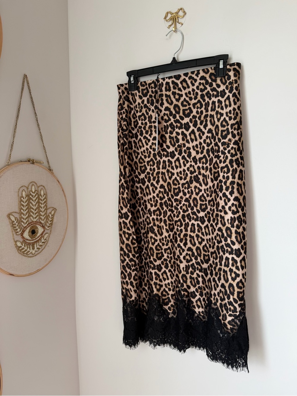 Leopard Print black lace hem Midi slip Skirt